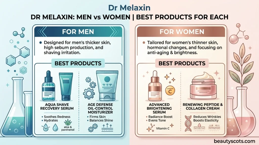 Dr Melaxin men vs women skincare comparison showing recommended products, serums, moisturizers, brightening treatments, and anti-aging creams for different skin needs.