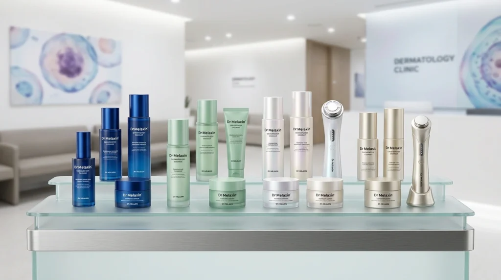 Dr Melaxin skincare product lineup displayed in a modern dermatology clinic, featuring cleansers, serums, creams, skincare devices, and treatment solutions.