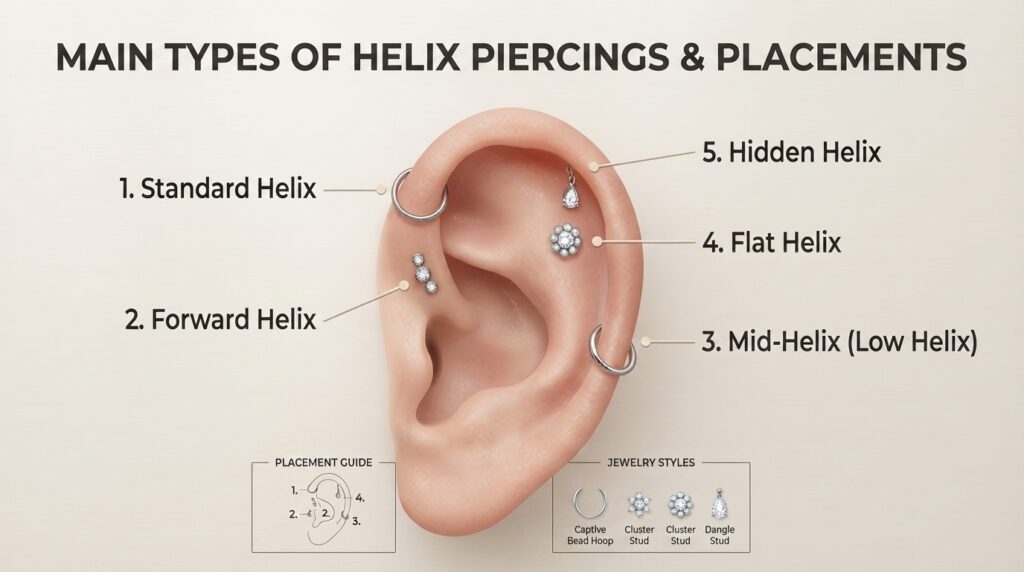 An instructional graphic titled "Main Types of Helix Piercings & Placements" showing an ear with five different locations marked for helix variations, including standard, forward, and flat helix piercings.