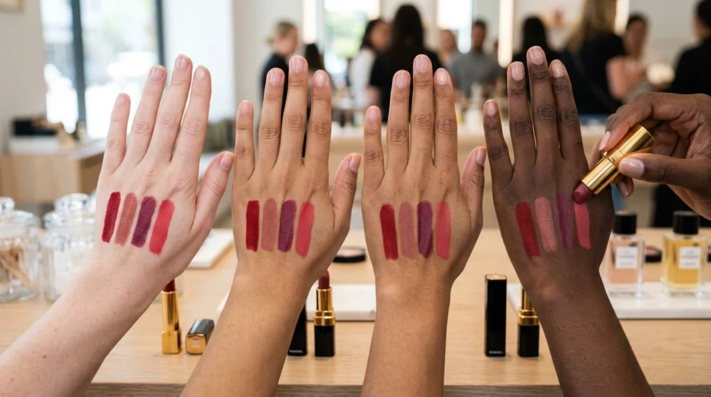 Luxury lipstick shades swatched on different skin tones.