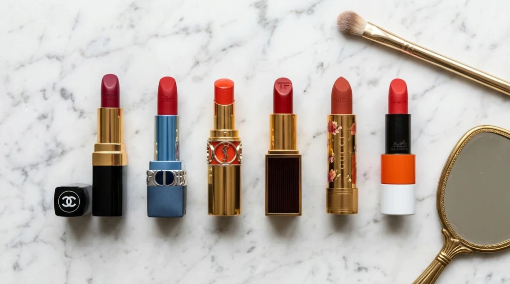 Luxury lipstick brands compared side by side on marble background.