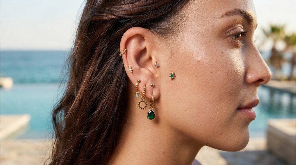 Profile view of a woman wearing delicate 18K gold earrings and studs, featuring a stylish Helix Piercing on the upper rim of her ear, set against a blurred seaside background.